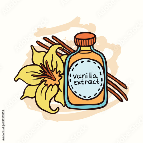 Doodle Vanilla Extract In Bottle On White Background