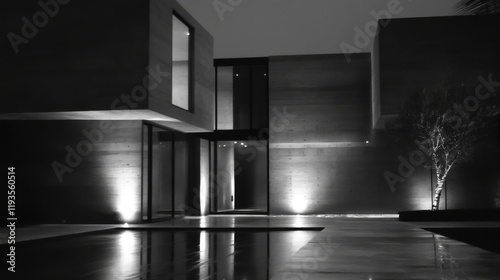 Modern Concrete House at Night