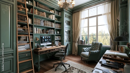 Elegant home library with built-in bookshelves, desk, and armchair.