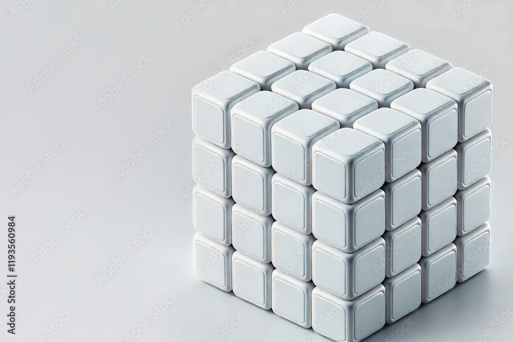 Fototapeta premium Puzzle cube made of white tiles on a light background. Space for text.