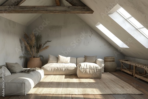 Grey attic living room interior with sofa