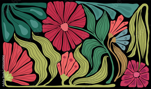 colorful floral ornament, minimalist style, mid century modern, old school, vintage illustration, wall art print	