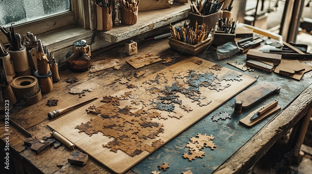 A rustic wooden puzzle crafting desk with pieces, glue, and a reference image A rustic wooden puzzle crafting desk with pieces, glue, and a reference image