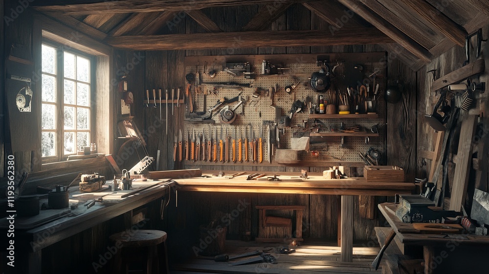 A rustic woodshop with a workbench, saws, and a neatly organized pegboard A rustic woodshop with a workbench, saws, and a neatly organized pegboard