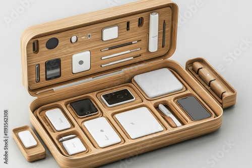 Wooden organizer case holding various tech gadgets on a neutral background; showcasing modern technology for product marketing photo