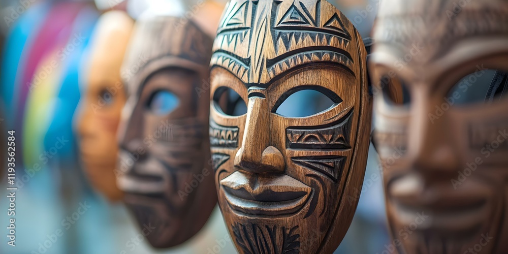A collection of intricately carved wooden masks displayed in a row, showcasing various tribal designs and patterns. Concept Intricately Carved Masks, Tribal Designs, Artistic Woodwork A collection of intricately carved wooden masks displayed in a row, showcasing various tribal designs and patterns. Concept Intricately Carved Masks, Tribal Designs, Artistic Woodwork