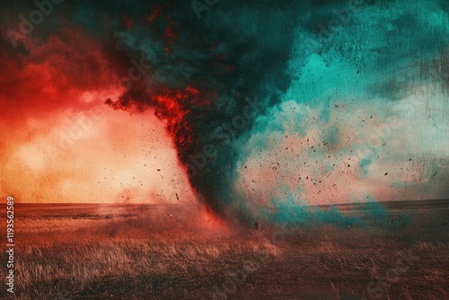 A fiery red and teal tornado ravages a dry field, debris flying in the intense wind. photo