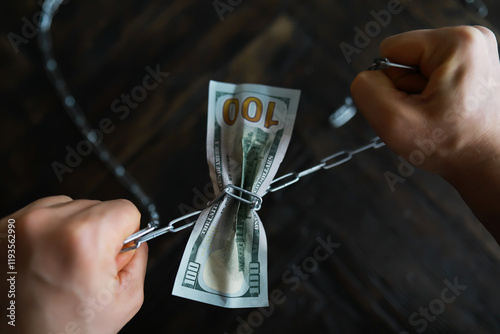 Hands Breaking Chains Wrapped Around Hundred Dollar Bill Symbolizing Financial Freedom photo