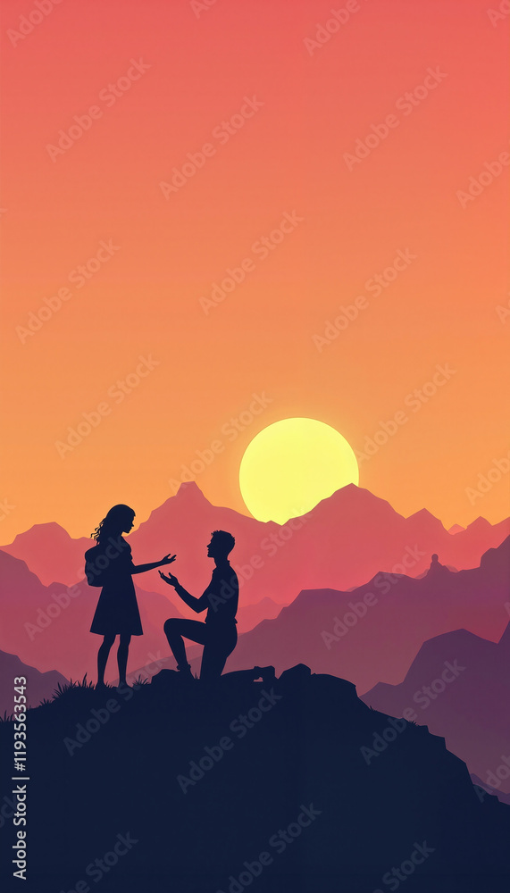Silhouetted Proposal Scene on Mountain Peak Against Vibrant Sunset Sky