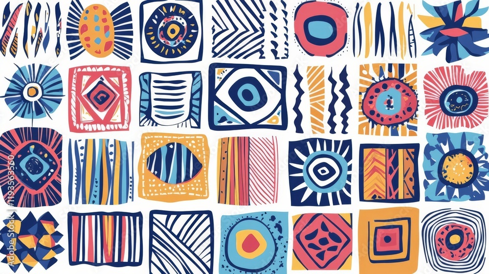 Obraz premium Colorful abstract patterns featuring various geometric shapes.