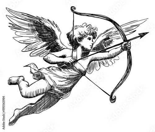 cupid isolated hand drawn sketch black white card design detailed valentine day romance mythology classical art vector illustration flight aiming bow arrow