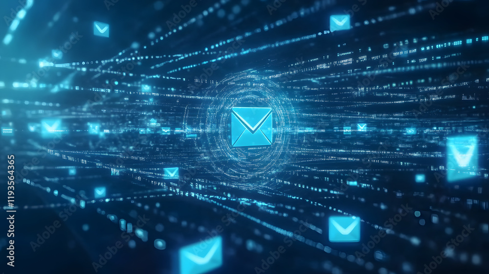 Digital streams of binary code and data flow around a glowing blue mail icon, representing the convergence of email and technology in the modern world, background with code
Digital streams of binary code and data flow around a glowing blue mail icon, representing the convergence of email and technology in the modern world, background with code