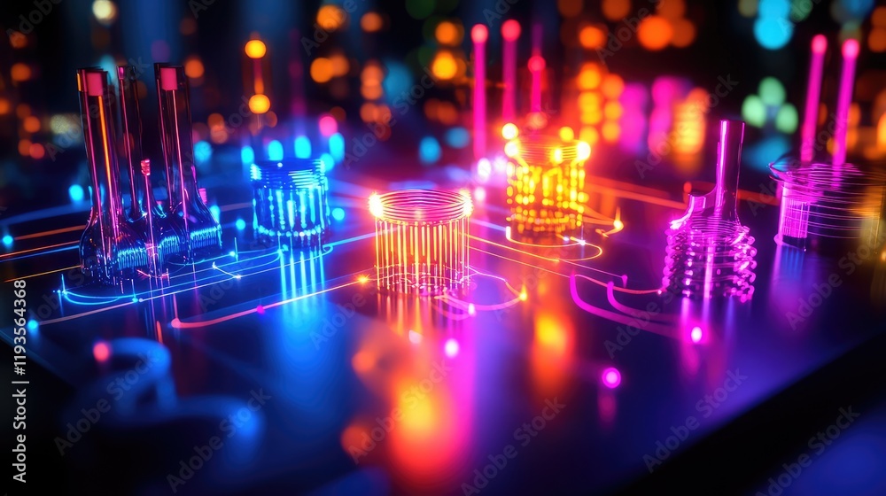 Obraz premium Digital visualization of quantum photonic computing, showing photons in motion through optical circuits performing quantum operations