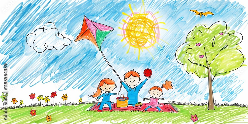 Naklejka premium A colorful drawing of children playing outdoors with a kite and a picnic.