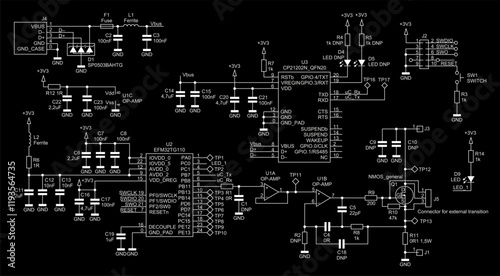 Schematic diagram of digital electronic device 
on paper sheet. Vector drawing electrical circuit with 
integrated circuit, led, diode, controller,
operational amplifier, inductance coil,
capacitor.
