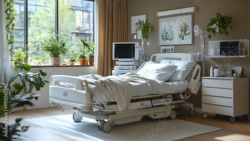 Modern hospital room with bed, medical equipment, and plants.