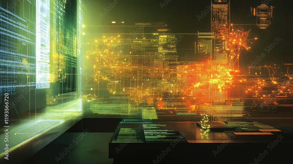 Naklejka premium Financial data being processed by quantum algorithms, visualized with glowing quantum systems and intricate financial models