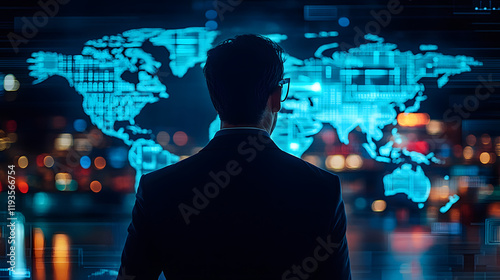 
A logistics expert standing in front of a holographic map of global trade, globalisation