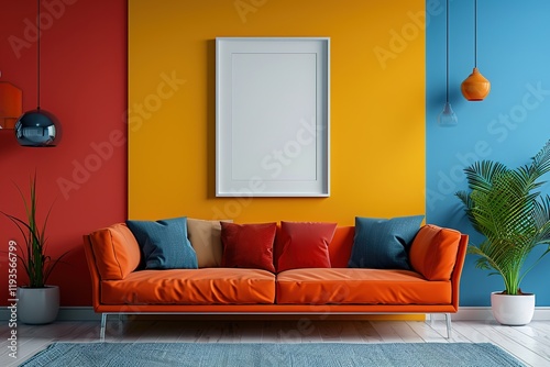 minimal design appartment, a wall with a picture frame, modern living-room, colourful furniture, perpendicular composition, center perspective, very detailed, photorealistic, photographic, Eastman Kod photo