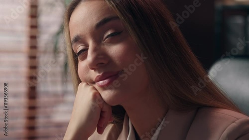 Close up dreamy thoughtful Caucasian businesswoman female girl business woman office worker secretary looking distance entrepreneur daydreaming thinking ponder future imagination dream wishing indoors