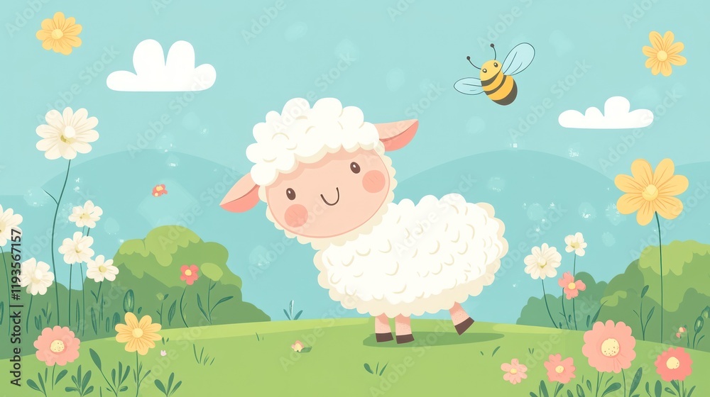 Happy lamb in spring meadow with bee Happy lamb in spring meadow with bee