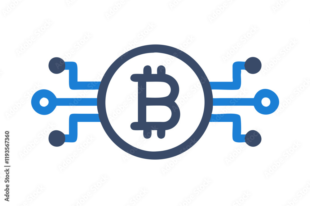 A minimalist Bitcoin icon with digital circuit lines, symbolizing blockchain technology and cryptocurrency networks, presented on a white background.