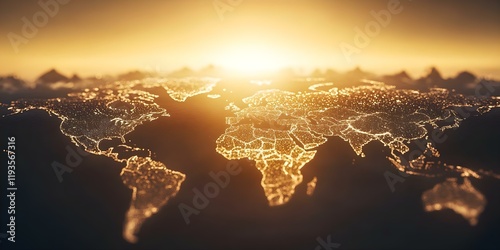 A glowing map of the world at sunset, with illuminated cities and geographical outlines visible against a dark background. Concept World Map at Sunset, Illuminated Cities, Geographical Outlines