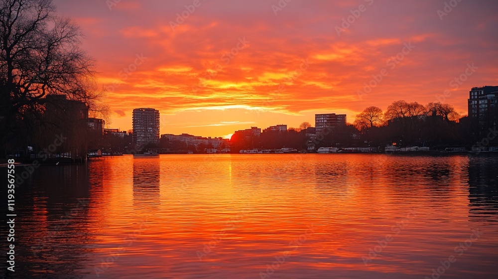 Fototapeta premium Fiery Sunset Over City Skyline Reflected In Calm Water