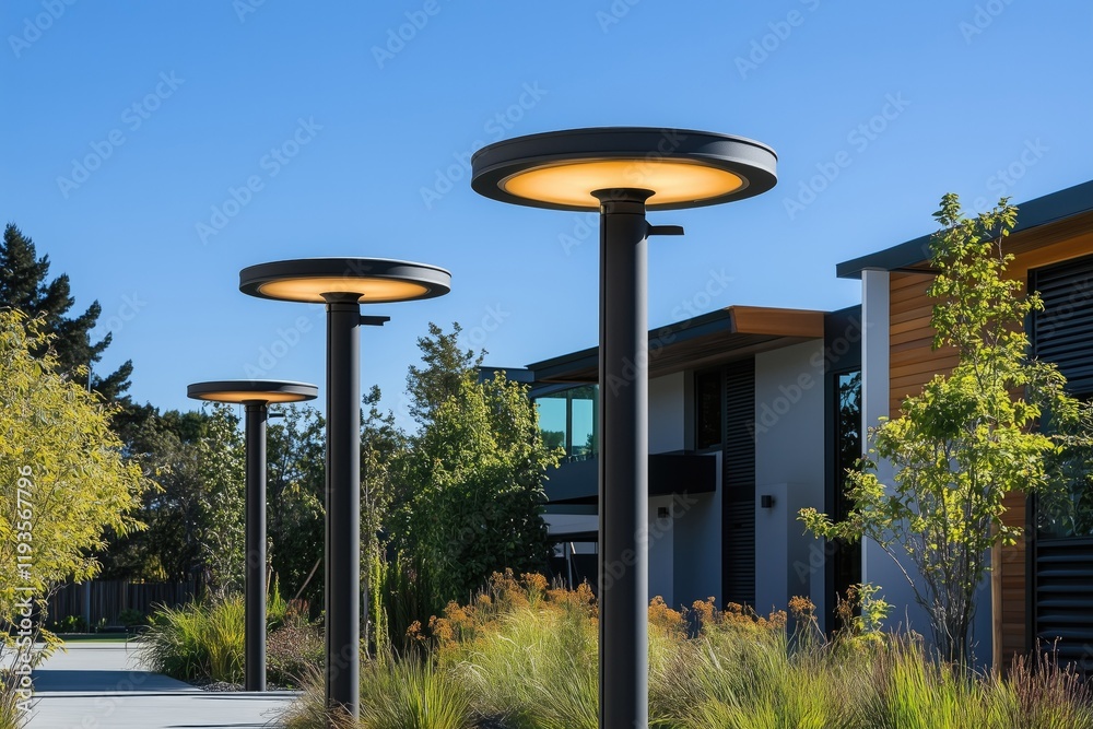 Contemporary metallic post pole streetlights lamps standing in daylight agains clear blue sky background Contemporary metallic post pole streetlights lamps standing in daylight agains clear blue sky background