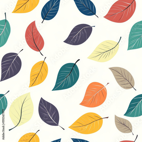Colorful Leaf Pattern: A seamless pattern of vibrant, stylized leaves in various shades of red, orange, yellow, green, and purple. The leaves are scattered on a white background.