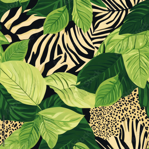 Tropical Jungle Animal Print Pattern: A vibrant and exotic seamless pattern featuring zebra, leopard, and jungle foliage in a captivating blend of black, brown, and green hues.