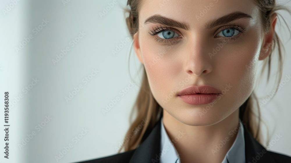 close up portrait of woman with striking blue eyes and defined features, wearing formal outfit. image conveys confidence and elegance in professional setting close up portrait of woman with striking blue eyes and defined features, wearing formal outfit. image conveys confidence and elegance in professional setting