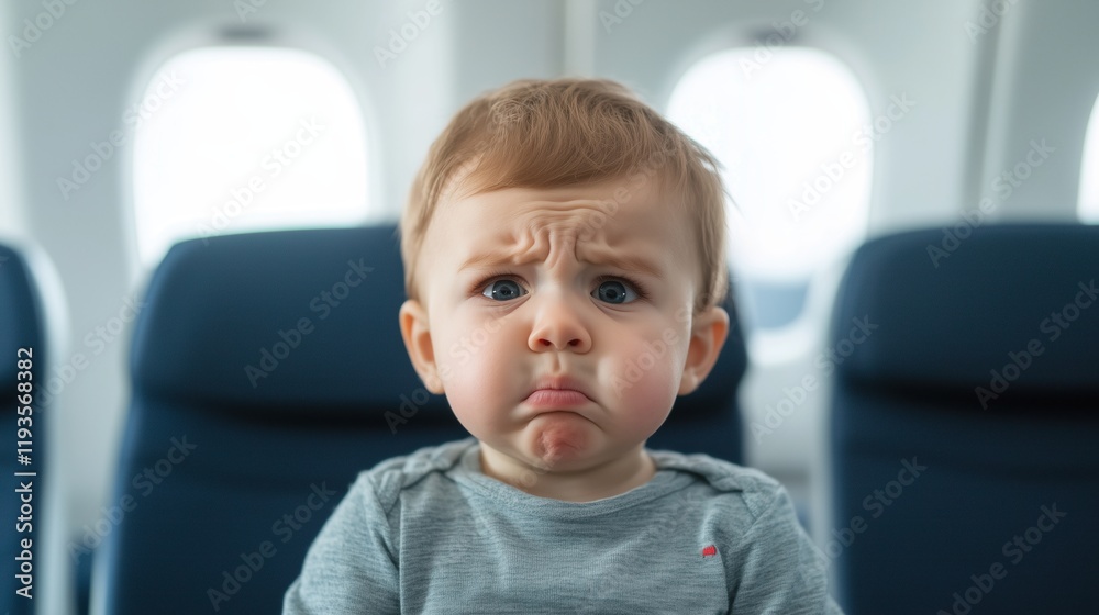 Crying Baby on Airplane Highlighting Discomfort and Stress During Travel with Child on Plane, Focus on Facial Expression and Feelings Crying Baby on Airplane Highlighting Discomfort and Stress During Travel with Child on Plane, Focus on Facial Expression and Feelings