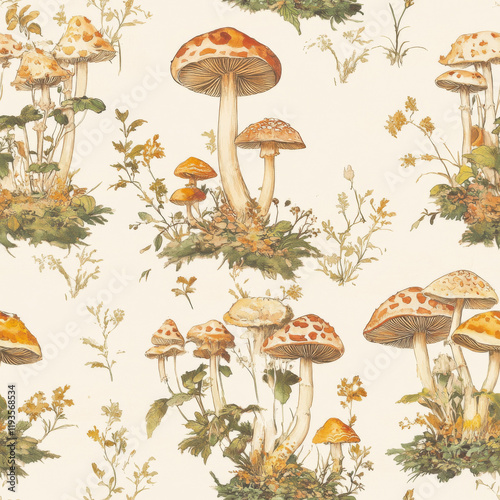 Mushroom Meadow Seamless Pattern: A charming seamless pattern featuring clusters of delicate mushrooms nestled amongst wildflowers, creating a whimsical and enchanting autumnal design.