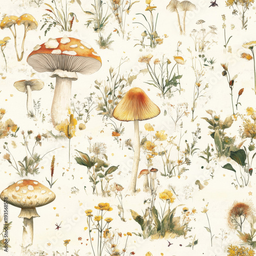 Mushroom Meadow Pattern: A charming seamless pattern featuring an array of whimsical mushrooms and wildflowers in a delicate watercolor style, evoking a sense of tranquility and natural beauty.  