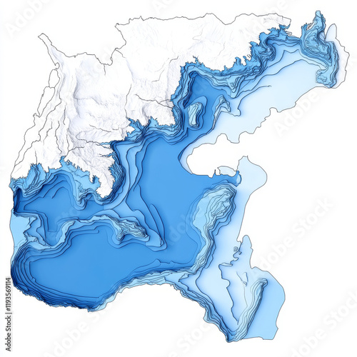 Abstract Coastal Topography: An abstract, layered illustration representing coastal topography, showcasing the intricate details of ocean depth and coastline in cool shades of blue.