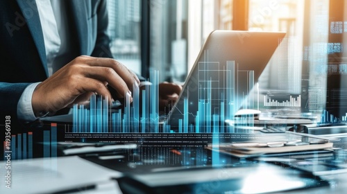 Business analytics: african male analyzing financial data on laptop in office