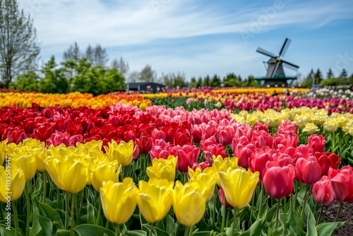 Vibrant tulip fields and windmill under blue sky