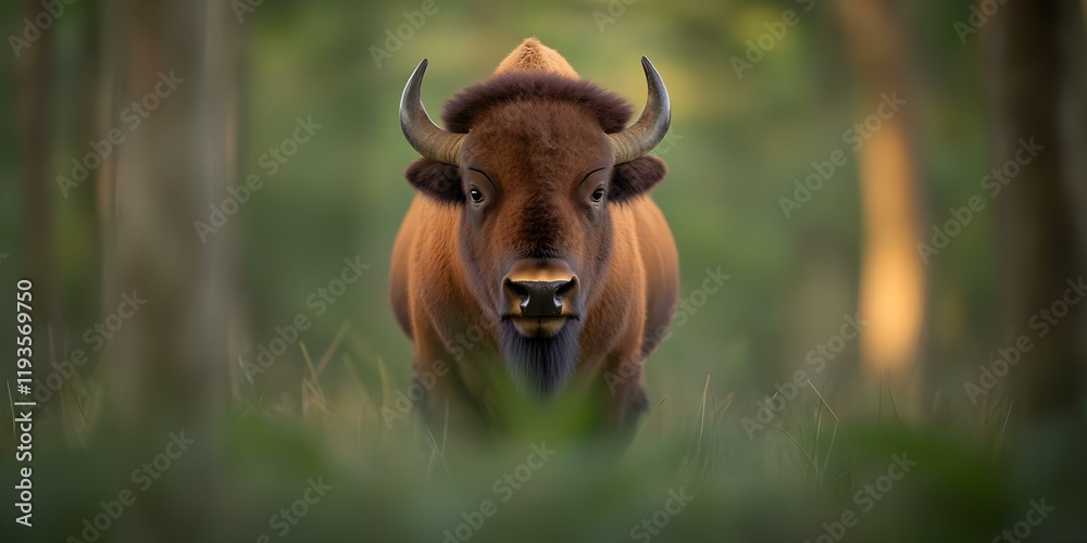 A close-up of a large bison standing in a forest, with blurred greenery in the foreground and background. Concept Bison Close-Up, Forest Habitat, Blurred Greenery, Wildlife Photography A close-up of a large bison standing in a forest, with blurred greenery in the foreground and background. Concept Bison Close-Up, Forest Habitat, Blurred Greenery, Wildlife Photography