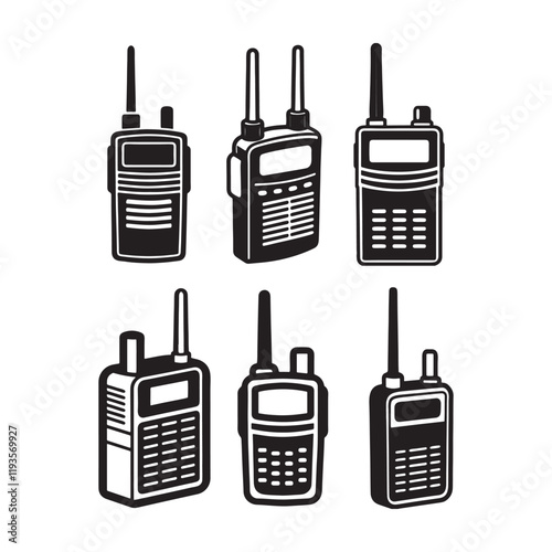 set of walkie talkie silhouette, black and white silhouette, vector and illustration