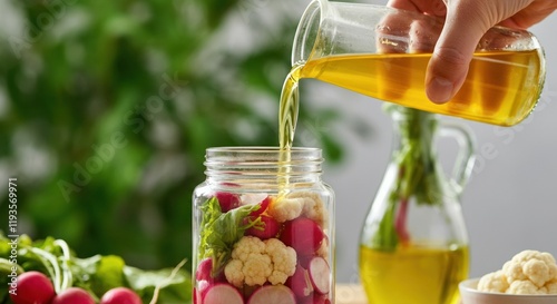 Pouring olive oil into a jar of fresh vegetables for pickling