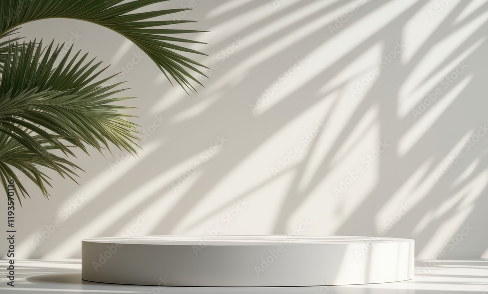 Minimalist display platform with palm leaves Minimalist display platform with palm leaves
