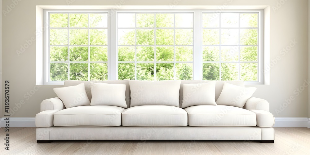 Fototapeta premium A modern living room featuring a white couch against large windows with a view of greenery outside. Concept Modern Living Room Design, White Couch Aesthetic, Large Windows Concept