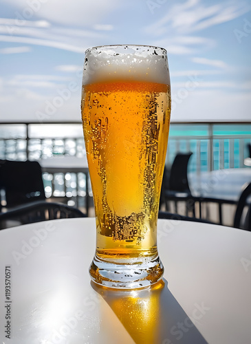 bicchiere di fresca e dissetante birra vista mare azzurro sotto l'ombrellone, glass of fresh and thirst-quenching beer overlooking the blue sea under the umbrella photo