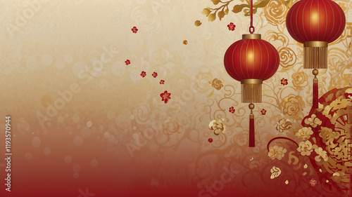 Traditional CNY Red Lanterns with Sparkling Gold Flowers photo