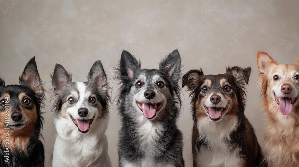Group portrait of five smiling dogs of different breeds with fluffy coats against a soft neutral background. Group portrait of five smiling dogs of different breeds with fluffy coats against a soft neutral background.
