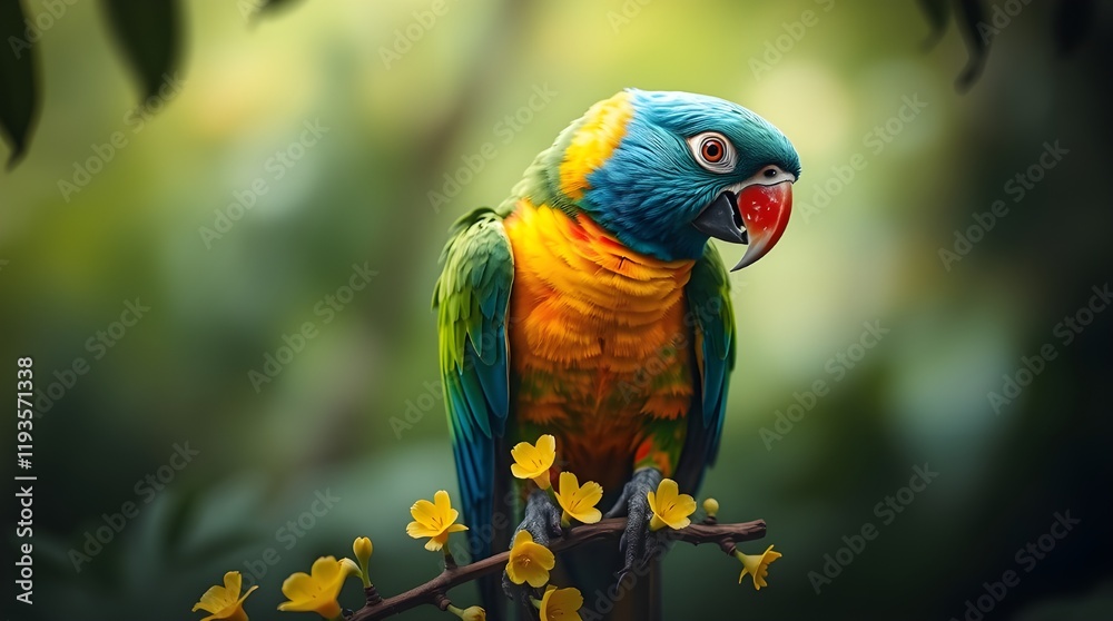 Naklejka premium Parrot on a branch, intense dramatic lighting, high contrast, graceful and elegant, refined features, bright blue, green, yellow, and red plumage, slightly open beak revealing tongue, brown branch wit