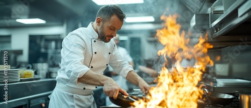 Chef flambeing dish in busy kitchen. Restaurant food prep
