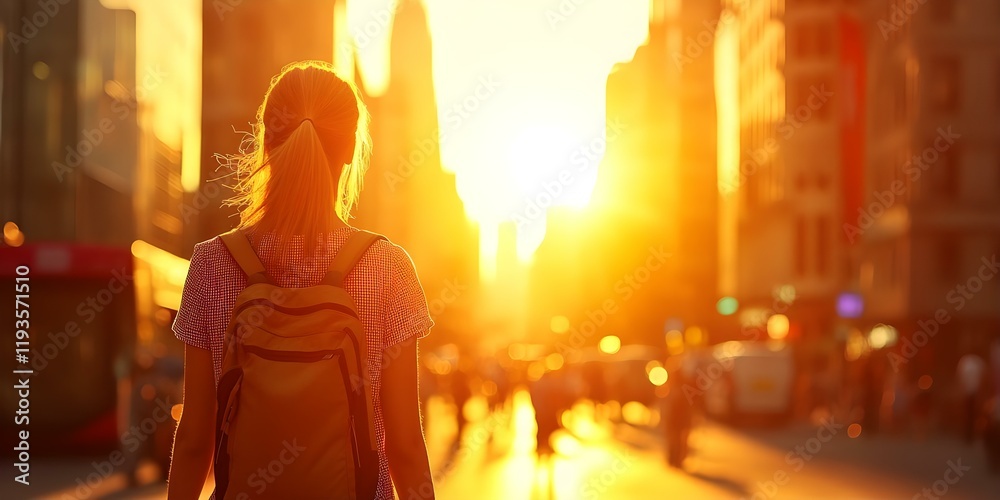 A person with a backpack walks down a city street at sunset, bathed in warm golden light, creating a serene atmosphere. Concept Sunset Stroll, Urban Exploration, Serene Ambiance, Backpack Adventures A person with a backpack walks down a city street at sunset, bathed in warm golden light, creating a serene atmosphere. Concept Sunset Stroll, Urban Exploration, Serene Ambiance, Backpack Adventures