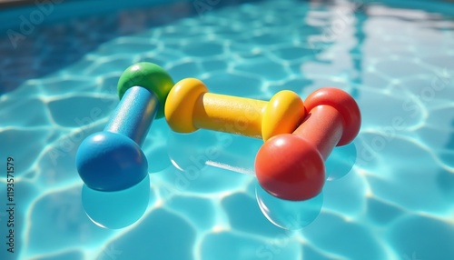Colorful aquatic dumbbells floating in a sparkling pool for aqua aerobics